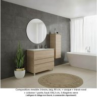 Ensemble meuble de salle de bain Oxford 90 cm chêne sanremo, plan vasque marbre reconstitué, 3 tiroirs , miroir rond , colonne P. 35 cm x H. 104 cm
