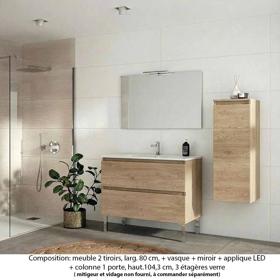 Ensemble meuble de salle de bain Oxford 80 cm chêne sanremo, plan vasque marbre reconstitué, 2 tiroirs , miroir simple , applique , colonne P. 35 cm x H. 104 cm