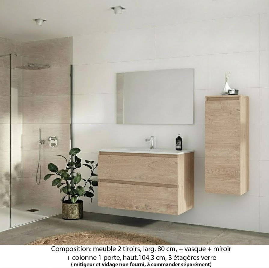 Ensemble meuble de salle de bain Oxford 80 cm chêne sanremo, plan vasque marbre reconstitué, 2 tiroirs , miroir simple , colonne P. 35 cm x H. 104 cm