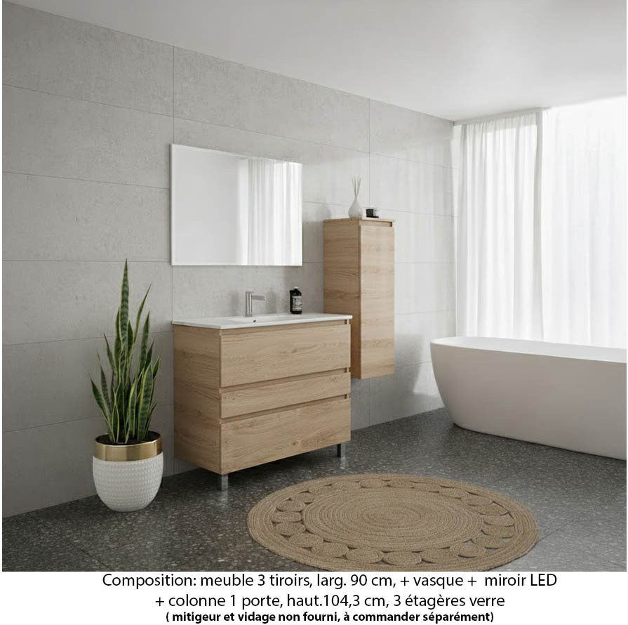Ensemble meuble de salle de bain Oxford 90 cm chêne sanremo, plan vasque marbre reconstitué, 3 tiroirs , miroir simple , colonne P. 35 cm x H. 104 cm