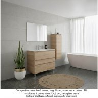 Ensemble meuble de salle de bain Oxford 90 cm chêne sanremo, plan vasque marbre reconstitué, 3 tiroirs , miroir simple , colonne P. 35 cm x H. 104 cm