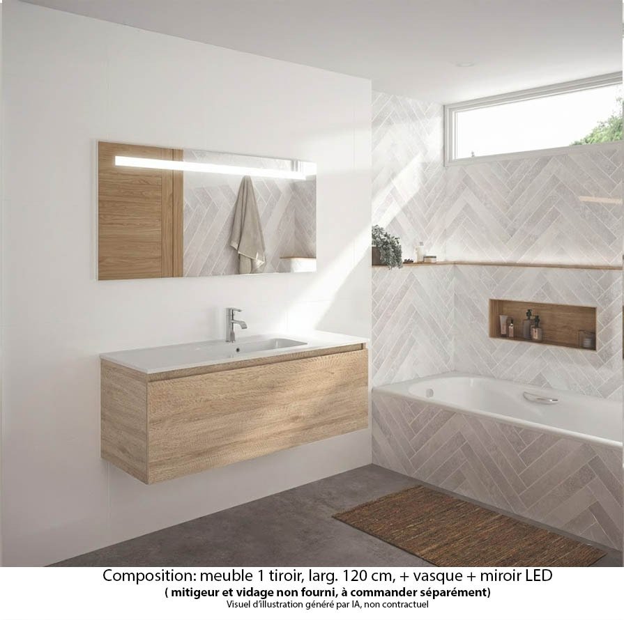 Ensemble meuble de salle de bain Oxford 120 cm chêne Sanremo, plan vasque marbre reconstitué,  1 tiroir , miroir LED