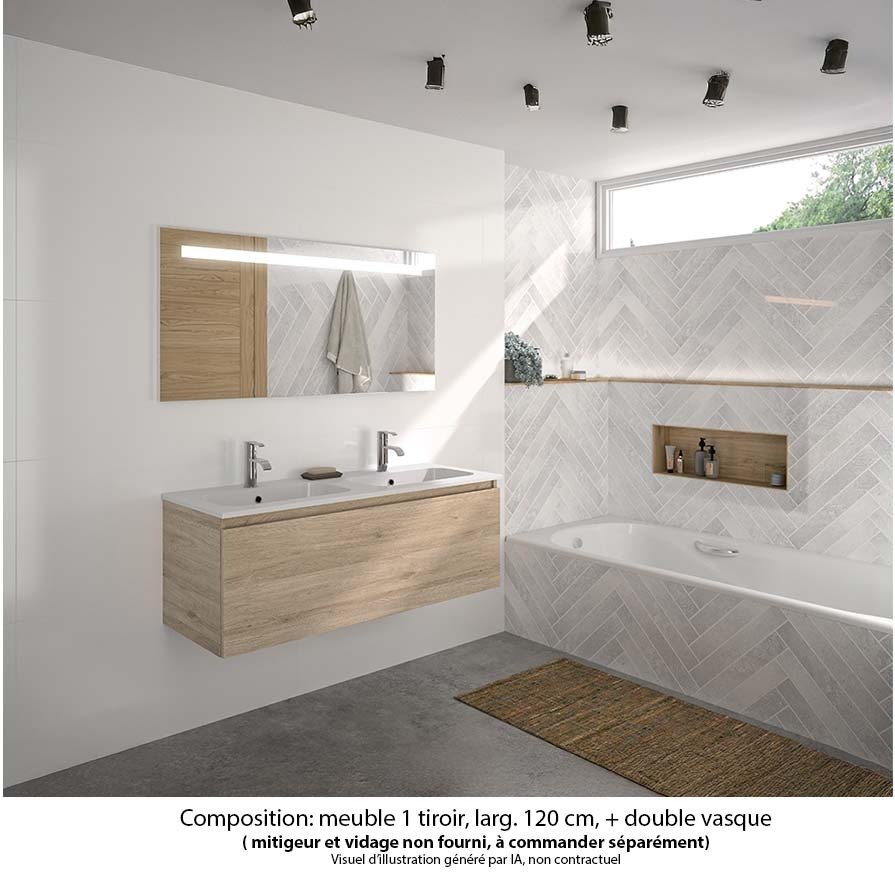 Ensemble meuble de salle de bain Oxford 120 cm chêne Sanremo, plan double vasque marbre reconstitué,  1 tiroir , miroir LED