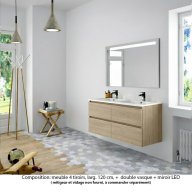 Ensemble meuble de salle de bain Oxford 140 cm chêne Sanremo, plan double double vasque marbre reconstitué, 4 tiroirs , miroir LED