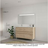 Ensemble meuble de salle de bain Oxford 120 cm chêne Sanremo, plan double vasque marbre reconstitué, 6 tiroirs , miroir LED