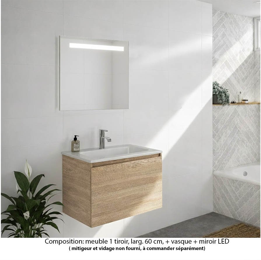 Ensemble meuble de salle de bain Oxford 60 cm chêne Sanremo, plan vasque marbre reconstitué,  1 tiroir , miroir LED