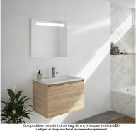 Ensemble meuble de salle de bain Oxford 80 cm chêne Sanremo, plan vasque marbre reconstitué, 1 tiroir , miroir LED