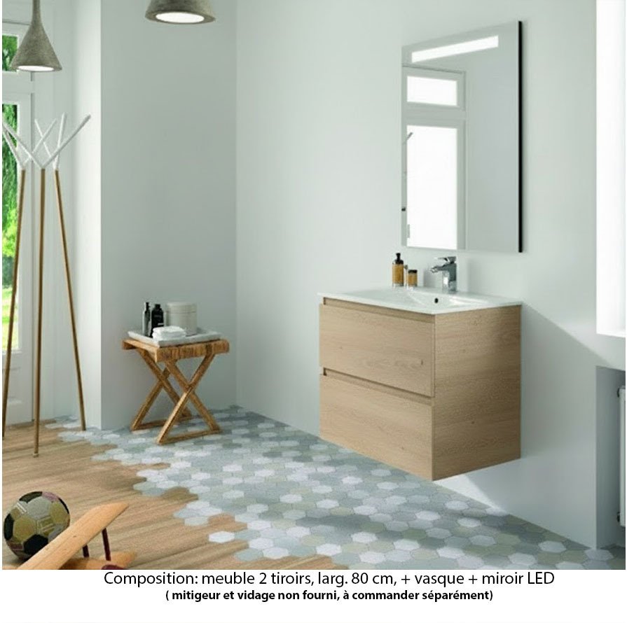 Ensemble meuble de salle de bain Oxford 80 cm chêne Sanremo, plan vasque céramique,  2 tiroirs , miroir LED