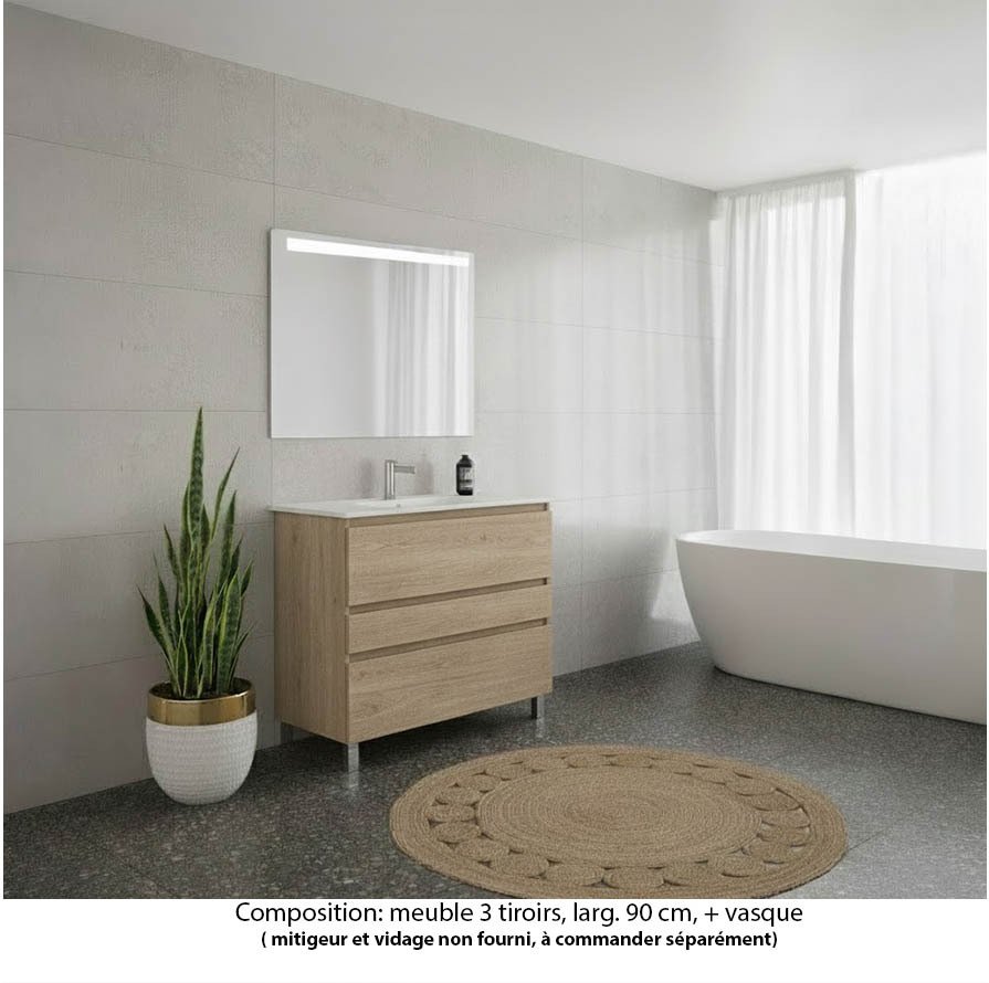 Ensemble meuble de salle de bain Oxford 80 cm chêne Sanremo, plan vasque marbre reconstitué,  3 tiroirs , miroir LED