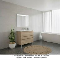 Ensemble meuble de salle de bain Oxford 90 cm chêne Sanremo, plan vasque marbre reconstitué, 3 tiroirs , miroir LED
