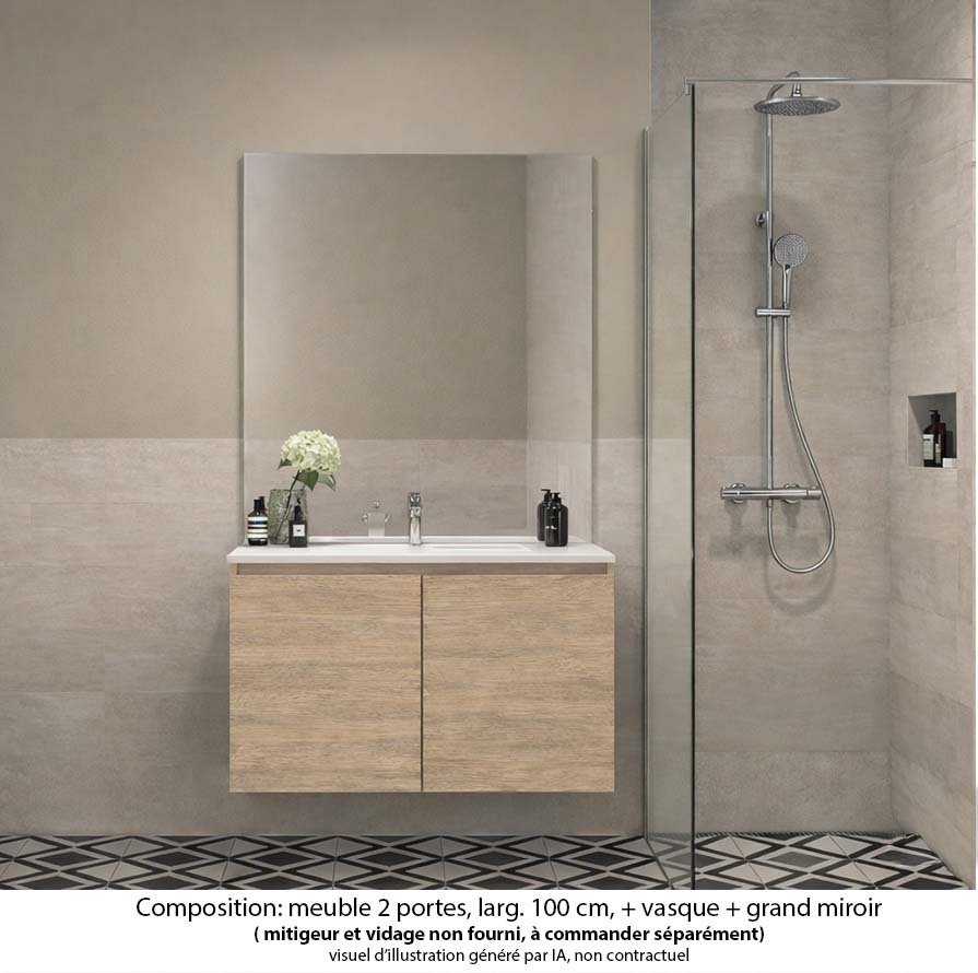 Ensemble meuble de salle de bain Oxford 60 cm chêne Sanremo, plan vasque marbre reconstitué,  2 portes , miroir haut. 110 cm