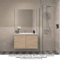 Ensemble meuble de salle de bain Oxford 100 cm chêne Sanremo, plan vasque marbre reconstitué, 2 portes , miroir haut. 110 cm