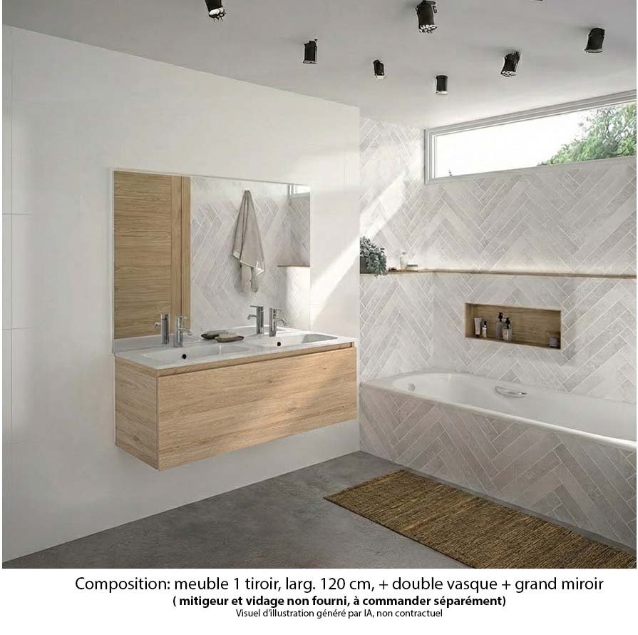 Ensemble meuble de salle de bain Oxford 120 cm chêne Sanremo, plan double vasque marbre reconstitué,  1 tiroir , miroir haut. 110 cm