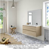 Ensemble meuble de salle de bain Oxford 120 cm chêne Sanremo, plan double vasque marbre reconstitué, 2 tiroirs , miroir haut. 110 cm