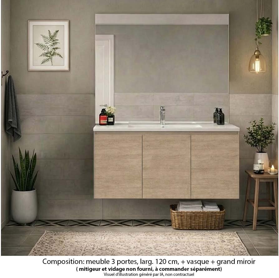 Ensemble meuble de salle de bain Oxford 120 cm chêne Sanremo, plan vasque céramique,  3 portes , miroir haut. 110 cm