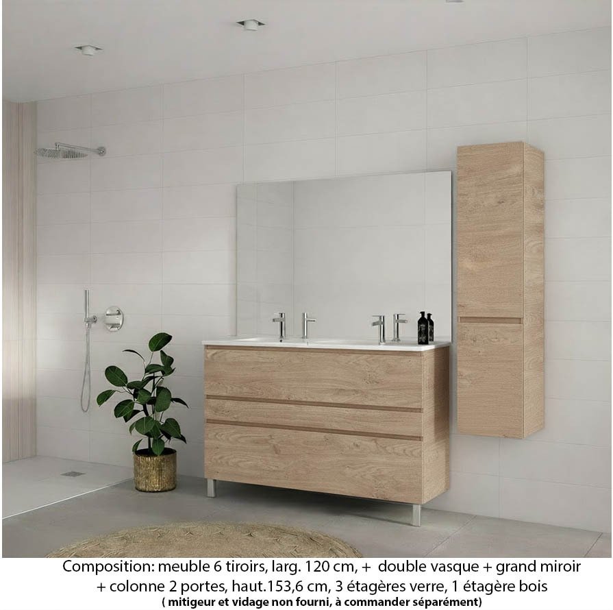 Ensemble meuble de salle de bain Oxford 120 cm chêne Sanremo, plan double vasque marbre reconstitué,  3 tiroirs , miroir haut. 110 cm
