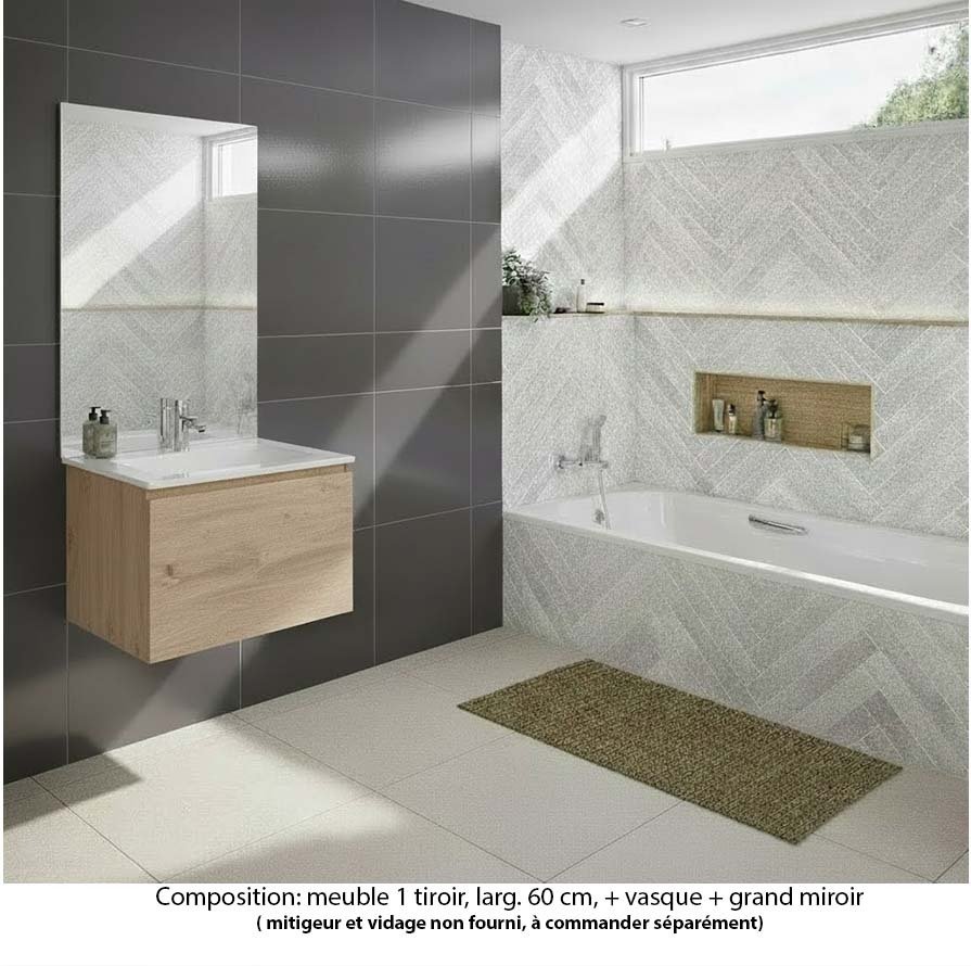 Ensemble meuble de salle de bain Oxford 60 cm chêne Sanremo, plan vasque marbre reconstitué,  1 tiroir , miroir haut. 110 cm