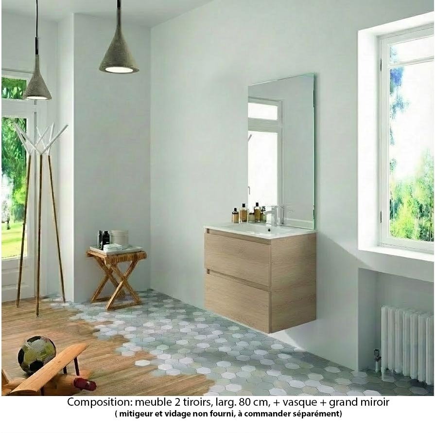 Ensemble meuble de salle de bain Oxford 80 cm chêne Sanremo, plan vasque marbre reconstitué,  2 tiroirs , miroir haut. 110 cm