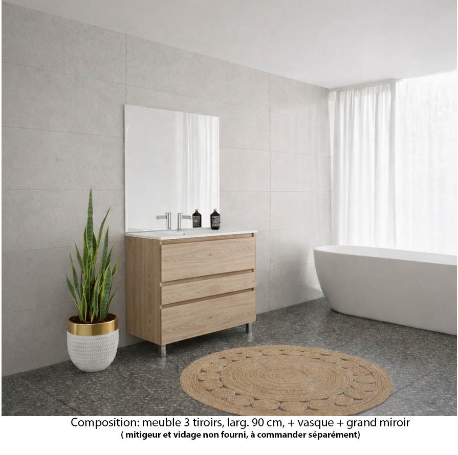 Ensemble meuble de salle de bain Oxford 100 cm chêne Sanremo, plan vasque marbre reconstitué,  3 tiroirs , miroir haut. 110 cm