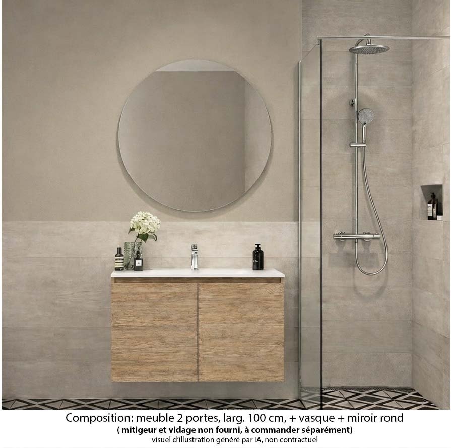 Ensemble meuble de salle de bain Oxford 60 cm chêne Sanremo, plan vasque marbre reconstitué,  2 portes , miroir rond