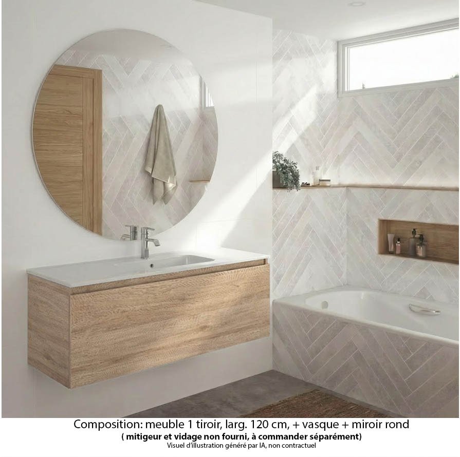 Ensemble meuble de salle de bain Oxford 120 cm chêne Sanremo, plan vasque marbre reconstitué,  1 tiroir , miroir rond