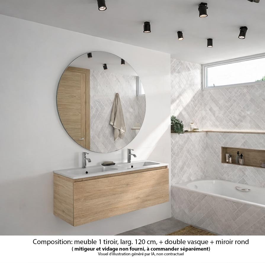 Ensemble meuble de salle de bain Oxford 120 cm chêne Sanremo, plan double vasque céramique,  1 tiroir , miroir rond