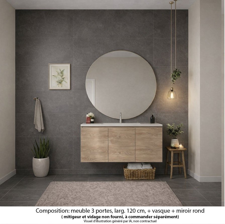 Ensemble meuble de salle de bain Oxford 120 cm chêne Sanremo, plan vasque céramique,  3 portes , miroir rond