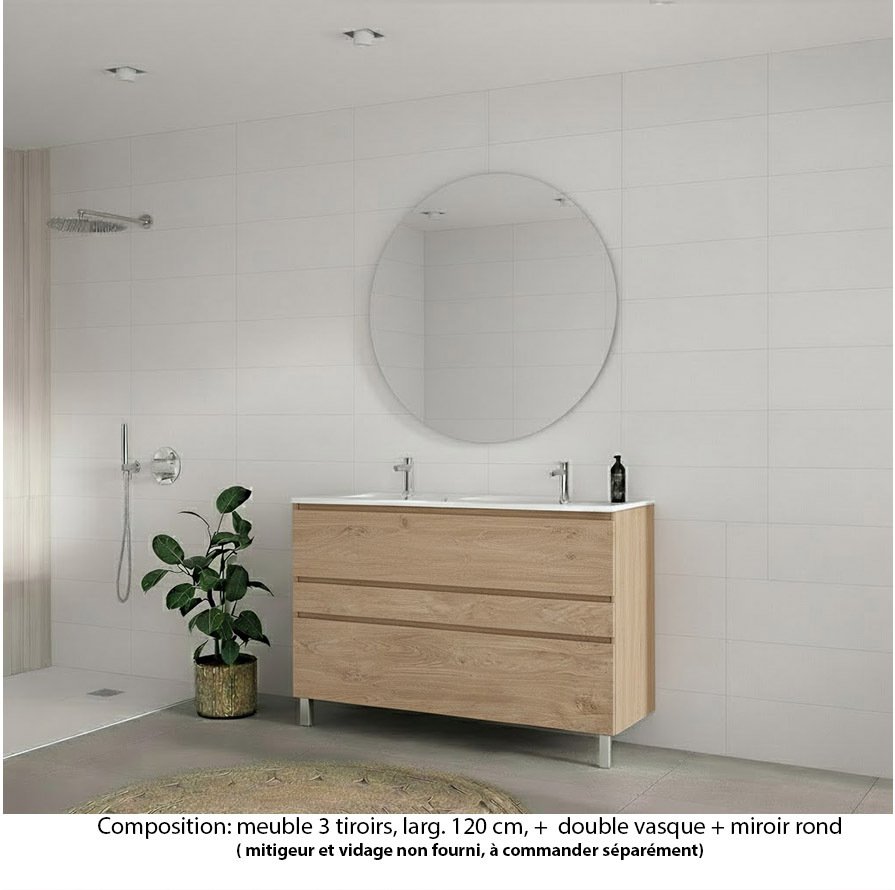 Ensemble meuble de salle de bain Oxford 120 cm chêne Sanremo, plan double vasque marbre reconstitué,  3 tiroirs , miroir rond