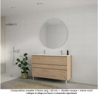 Ensemble meuble de salle de bain Oxford 120 cm chêne Sanremo, plan double vasque marbre reconstitué, 3 tiroirs , miroir rond