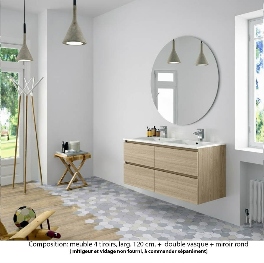 Ensemble meuble de salle de bain Oxford 140 cm chêne Sanremo, plan double double vasque marbre reconstitué,  4 tiroirs , miroir rond