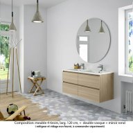 Ensemble meuble de salle de bain Oxford 140 cm chêne Sanremo, plan double double vasque marbre reconstitué, 4 tiroirs , miroir rond