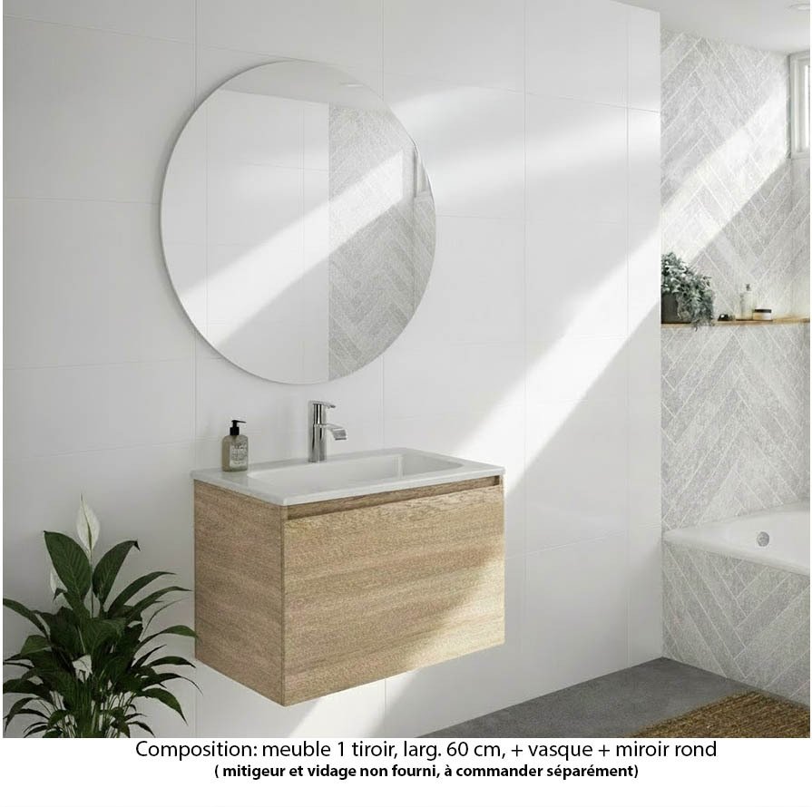 Ensemble meuble de salle de bain Oxford 60 cm chêne Sanremo, plan vasque marbre reconstitué,  1 tiroir , miroir rond