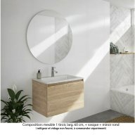Ensemble meuble de salle de bain Oxford 80 cm chêne Sanremo, plan vasque marbre reconstitué, 1 tiroir , miroir rond