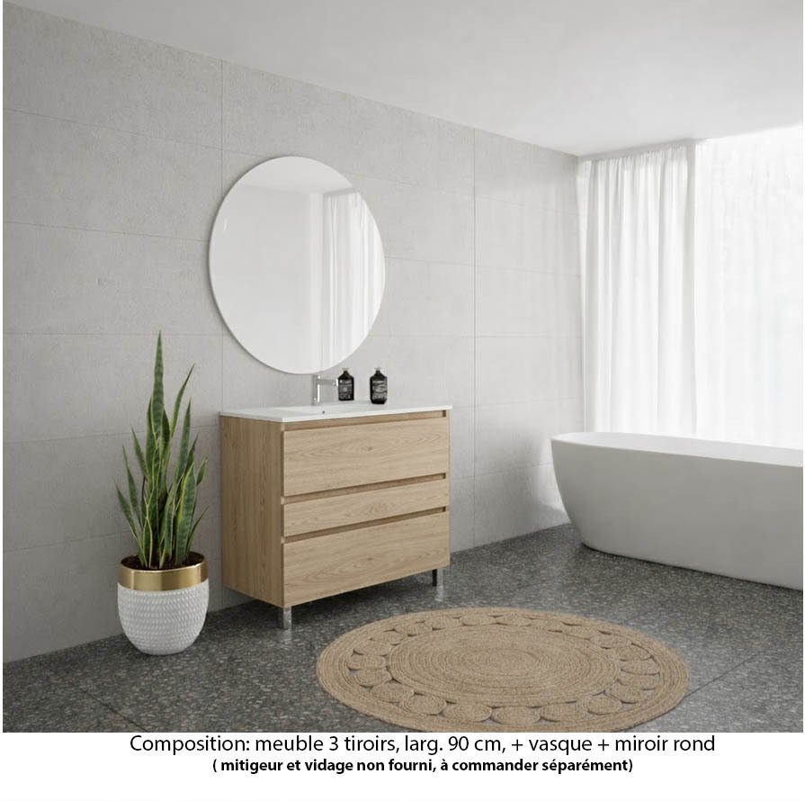 Ensemble meuble de salle de bain Oxford 100 cm chêne Sanremo, plan vasque marbre reconstitué,  3 tiroirs , miroir rond