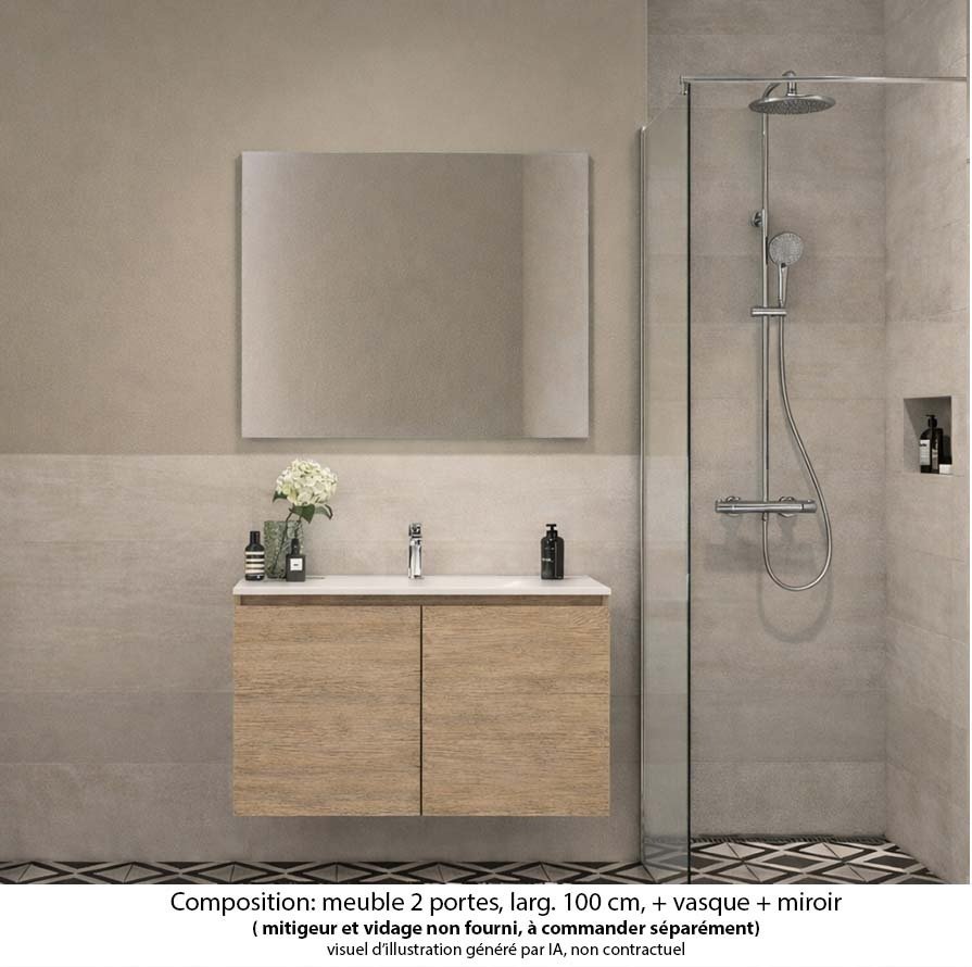 Ensemble meuble de salle de bain Oxford 60 cm chêne Sanremo, plan vasque marbre reconstitué,  2 portes , miroir haut. 60 cm