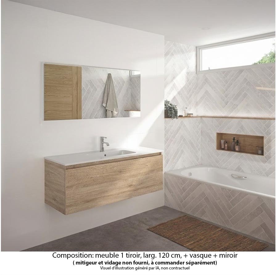 Ensemble meuble de salle de bain Oxford 120 cm chêne Sanremo, plan vasque marbre reconstitué,  1 tiroir , miroir haut. 60 cm