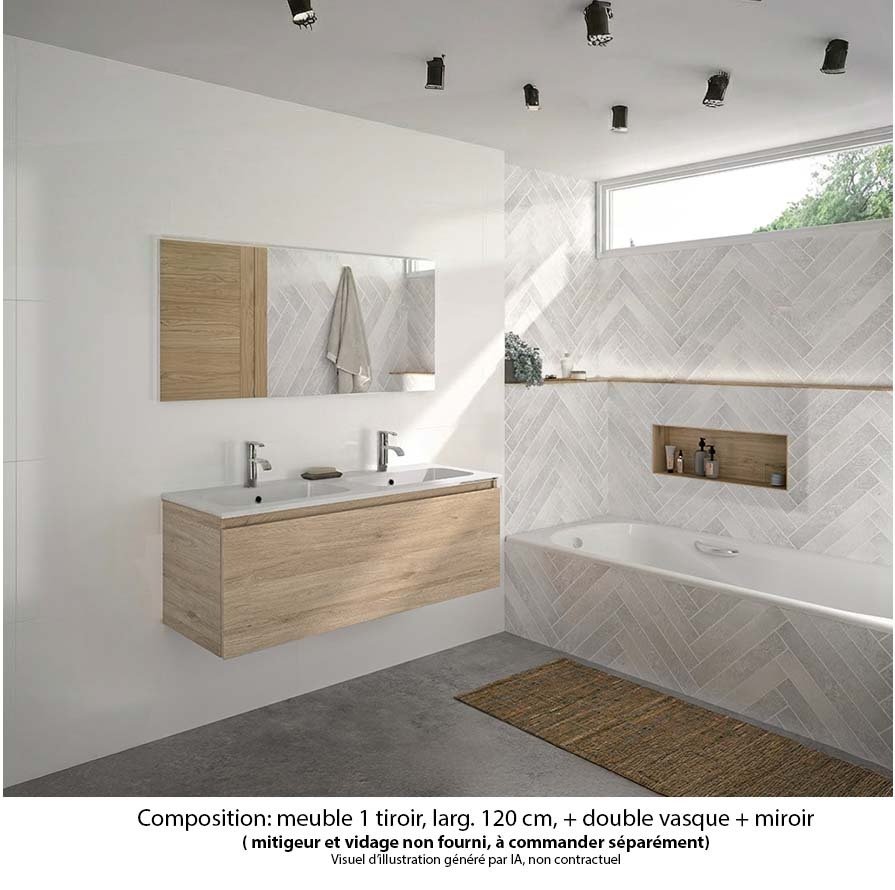 Ensemble meuble de salle de bain Oxford 120 cm chêne Sanremo, plan double vasque marbre reconstitué,  1 tiroir , miroir haut. 60 cm