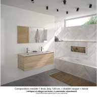 Ensemble meuble de salle de bain Oxford 120 cm chêne Sanremo, plan double vasque marbre reconstitué, 1 tiroir , miroir haut. 60 cm