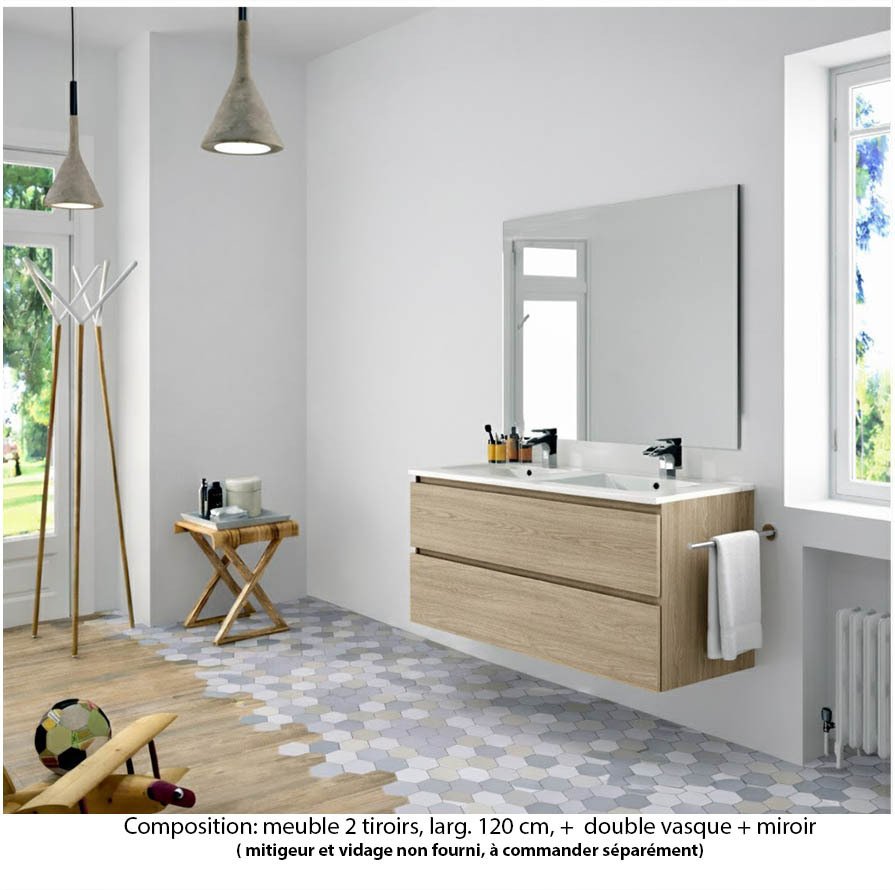 Ensemble meuble de salle de bain Oxford 120 cm chêne Sanremo, plan double vasque marbre reconstitué,  2 tiroirs , miroir haut. 60 cm