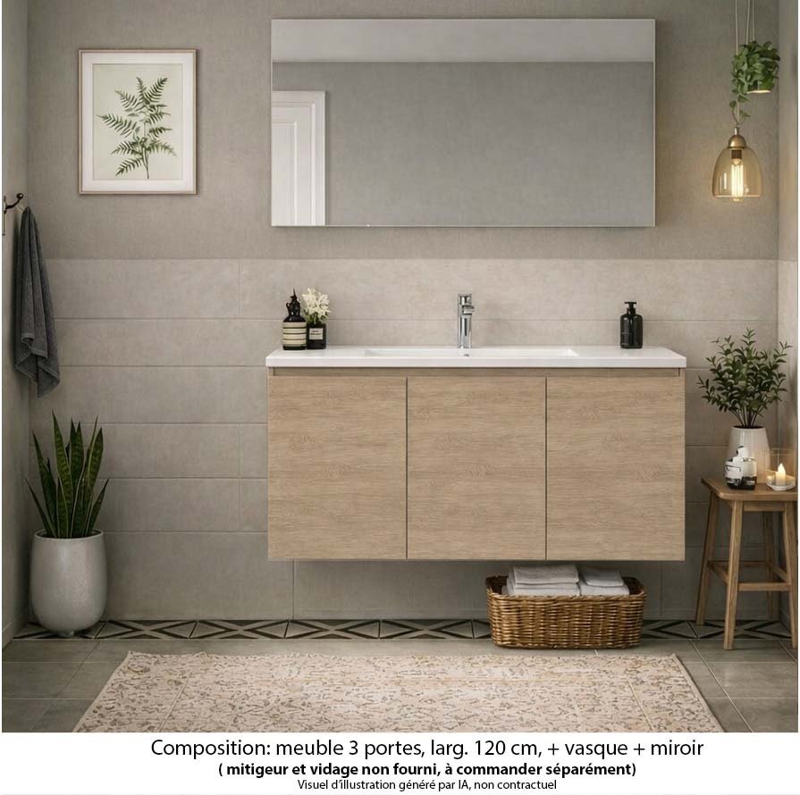 Ensemble meuble de salle de bain Oxford 120 cm chêne Sanremo, plan vasque céramique,  3 portes , miroir haut. 60 cm