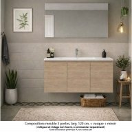 Ensemble meuble de salle de bain Oxford 120 cm chêne Sanremo, plan vasque céramique, 3 portes , miroir haut. 60 cm