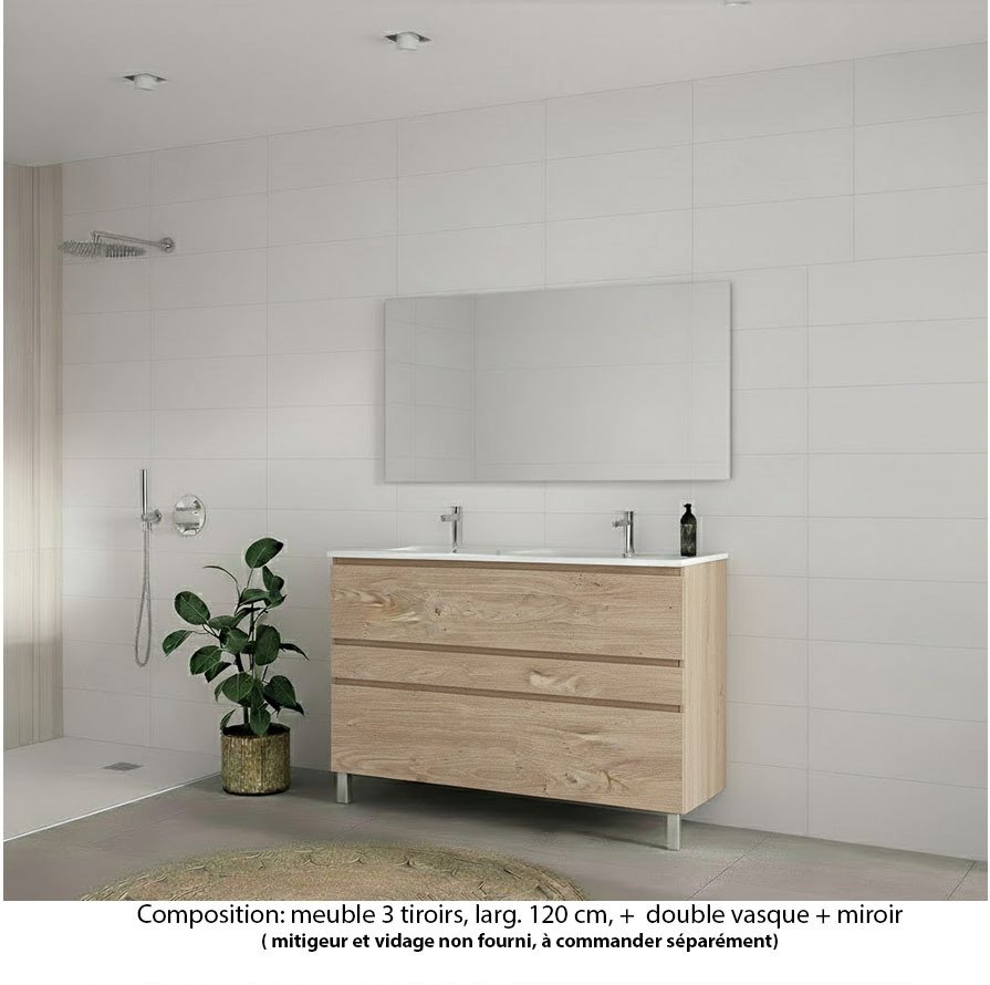 Ensemble meuble de salle de bain Oxford 120 cm chêne Sanremo, plan double vasque marbre reconstitué,  3 tiroirs , miroir haut. 60 cm