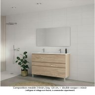 Ensemble meuble de salle de bain Oxford 120 cm chêne Sanremo, plan double vasque marbre reconstitué, 3 tiroirs , miroir haut. 60 cm