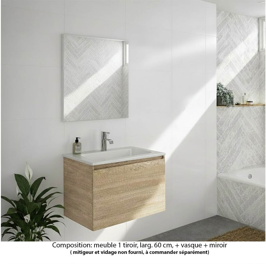 Ensemble meuble de salle de bain Oxford 60 cm chêne Sanremo, plan vasque marbre reconstitué,  1 tiroir , miroir haut. 60 cm