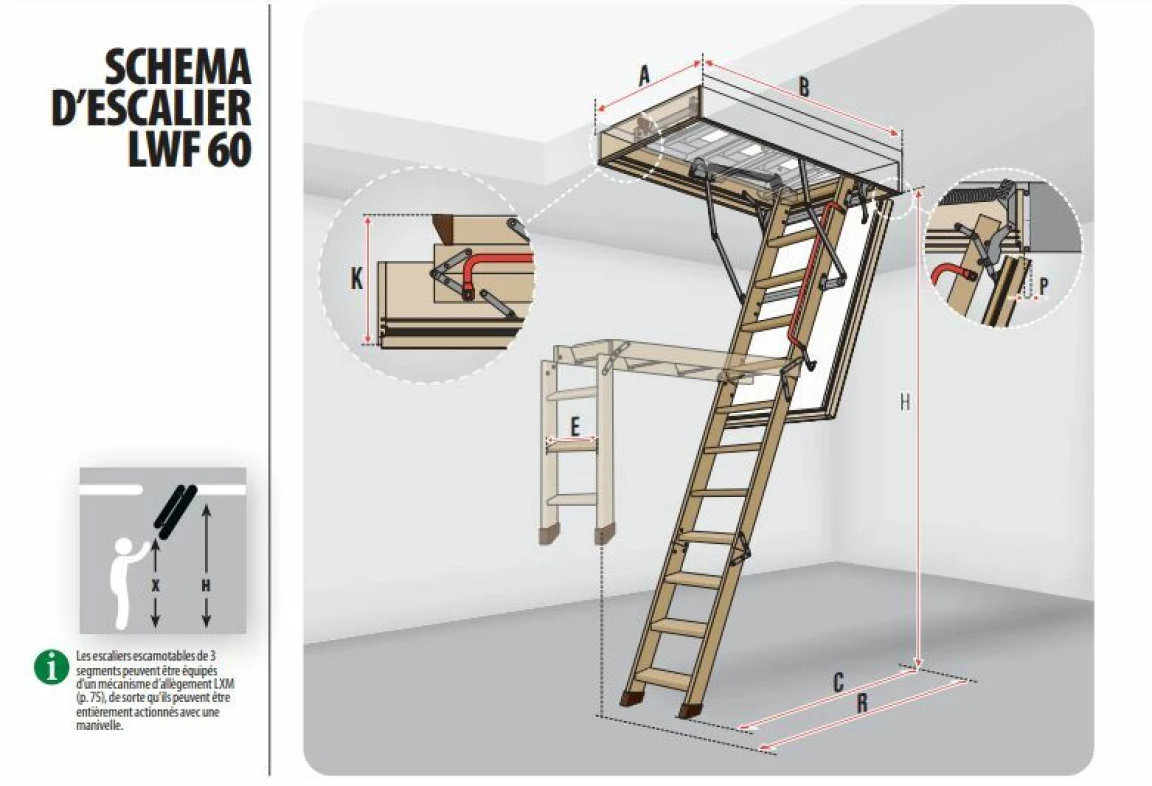 Escalier escamotable LWF60 avec échelle en bois pliable, haut. 305 cm, 86  cm x 130 cm 