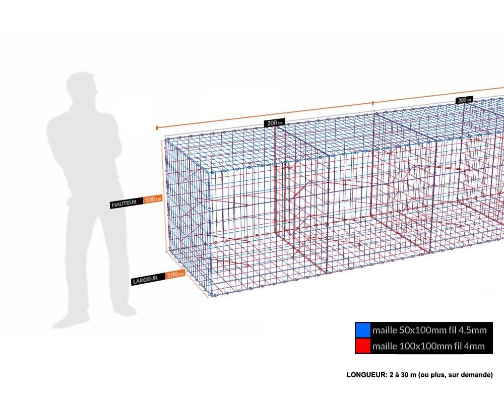 Kit gabion 100 cm (H) x 100 cm (L), pour soutènement, assemblage agrafes, mailles 5 x 10 cm, grilles non visibles mailles 10 x 10 cm