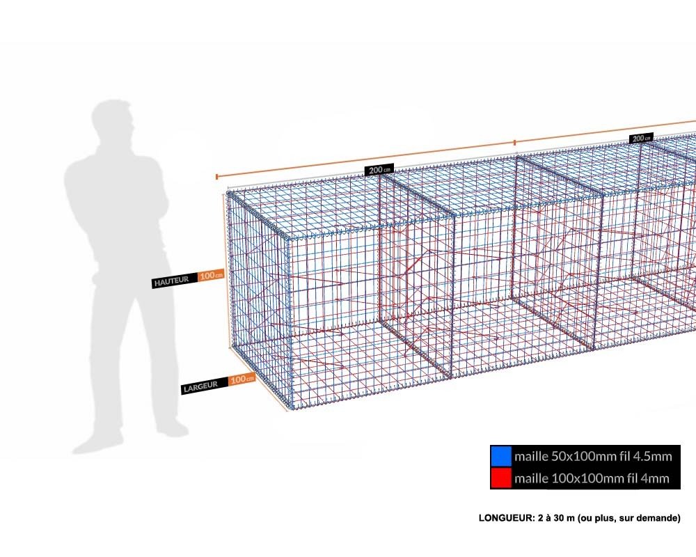 Kit gabion 100 cm (H) x 100 cm (L), pour soutènement, assemblage spirales, mailles 5 x 10 cm, grilles non visibles mailles 10 x 10 cm