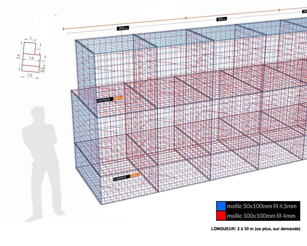 Kit gabion, 250 cm (H) x 150 cm + 150 cm + 100 cm, pour soutènement, assemblage spirales, mailles 5 x 10 cm, grilles non visibles mailles 10 x 10 cm