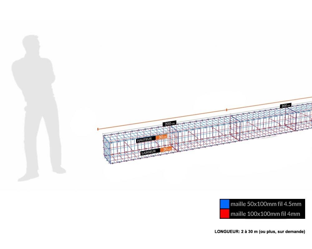 Kit gabion 30 cm (H) x 30 cm (L), pour soutènement, assemblage agrafes, mailles 5 x 10 cm, grilles non visibles mailles 10 x 10 cm