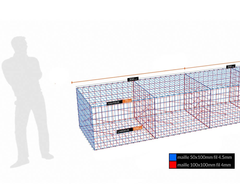 Kit gabion 70 cm (H) x 100 cm (L), pour soutènement, assemblage agrafes, mailles 5 x 10 cm, grilles non visibles mailles 10 x 10 cm